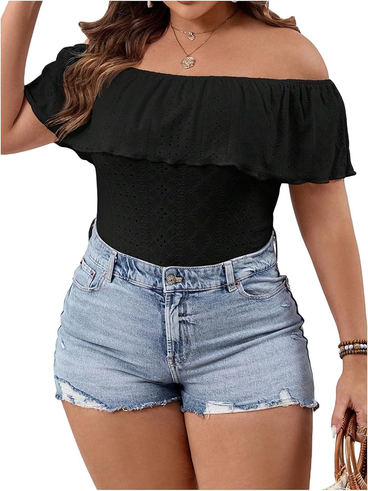 MakeMeChic Women's Plus Size Eyelet Embroidery Off Shoulder Short Sleeve Ruffle Trim Bodysuit Shirt Tops Black 4XL