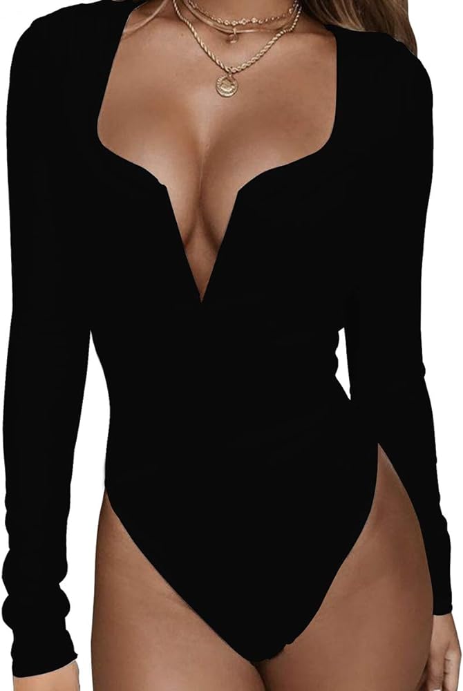 Women's Low Cut Bodysuit Sexy Leotards Deep V Neck Long Sleeve Body Suits Tops