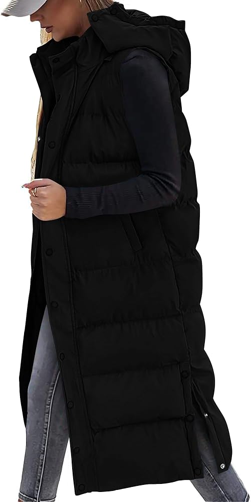 BTFBM Long Puffer Vest Women Quilted Hooded Button Down Zip Up Sleeveless Vests Outerwear Padded Jacket Winter Coat 2024