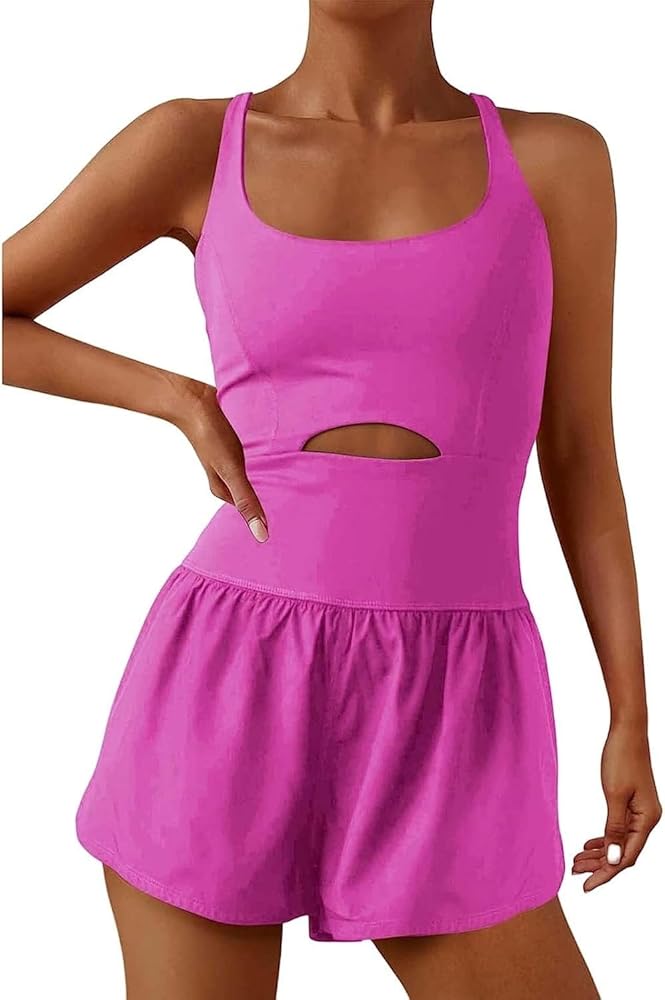 Women's One-Piece Jumpsuit - Workout Romper for Running, Yoga & Gym | Summer Onesie Overalls | Comfortable Exercise Clothes (Color : Hot Pink, Size : Large)