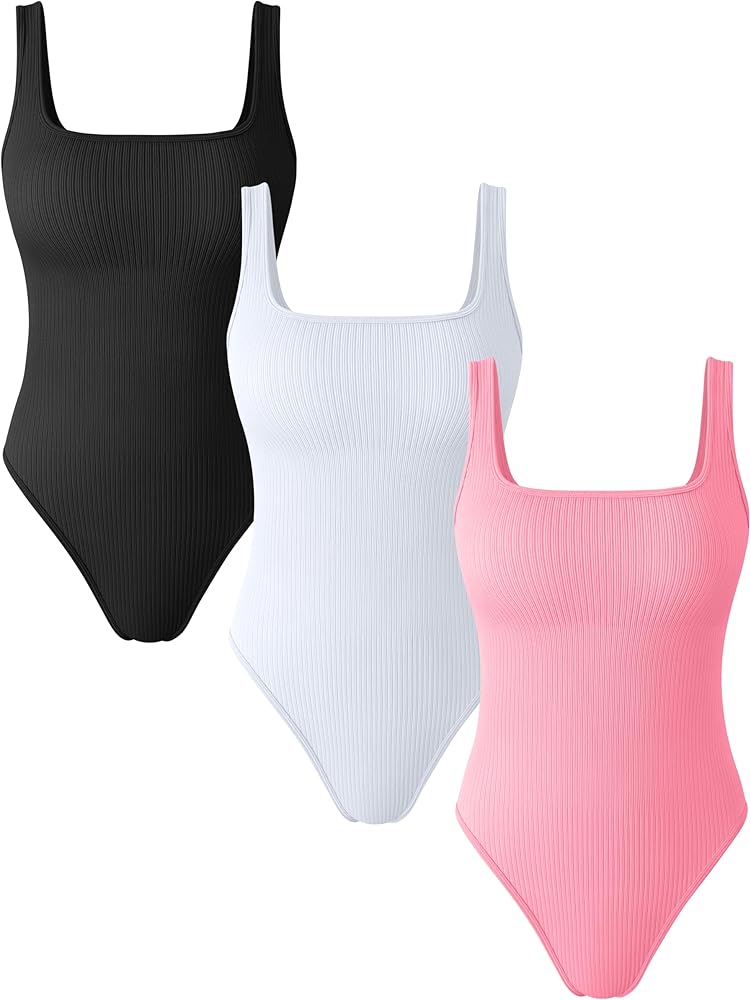 OQQ Women's 3 Piece Bodysuits Sexy Ribbed Square Neck Basic Stretch Tank Tops Bodysuits