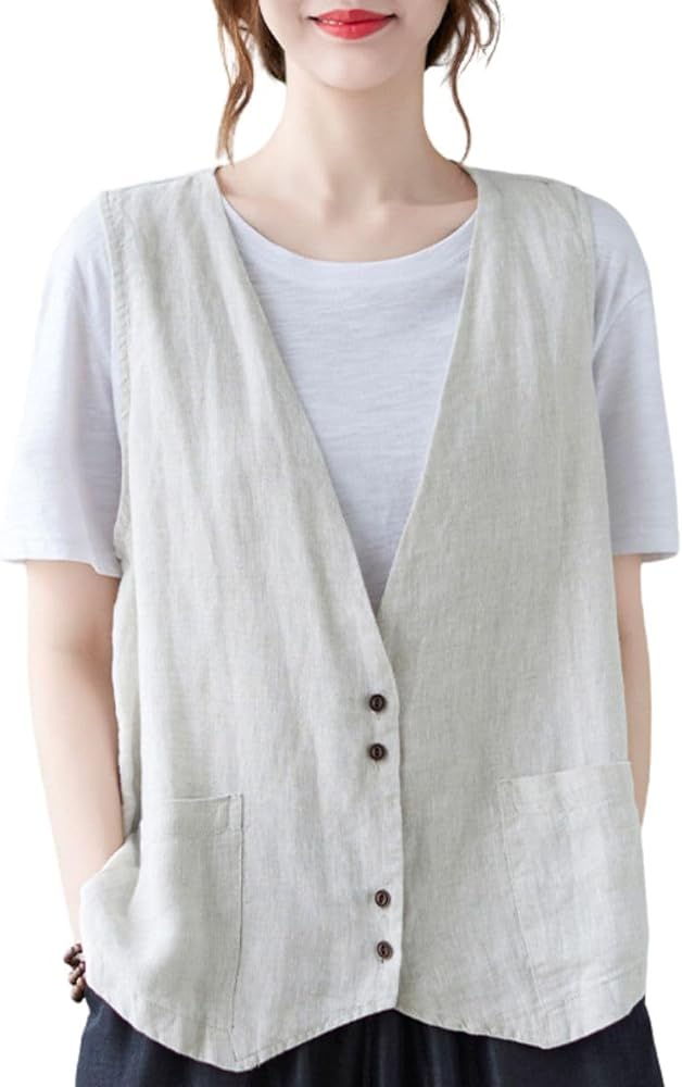 Womens Cotton Linen Vest Casual Loose V Neck Sleeveless Vests Jacket Button Down Jackets Outerwear With Pockets