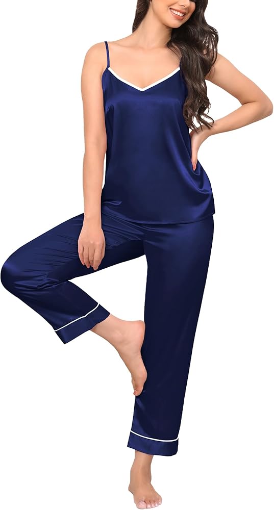 SWOMOG Womens Silk Satin Pajamas Set 2 Pcs Pj Sets Bridesmaid Pjs Cami Top and Pants Sleepwear