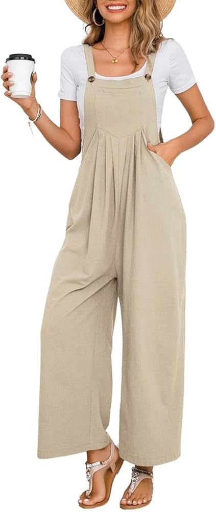 chouyatou Women's Summer Wide Leg Bib Linen Overalls Palazzo Pants Casual Linen Jumpsuits