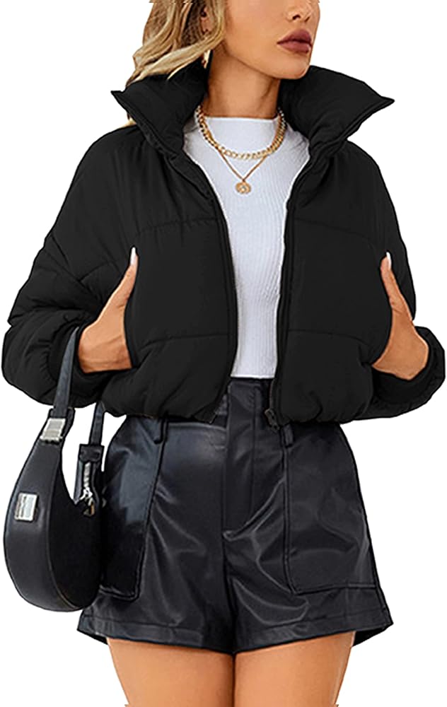 Lumister Womens Lightweight Quilted Jacket Long Sleeve Stand Collar Zipper Cropped Puffer Jacket Coat