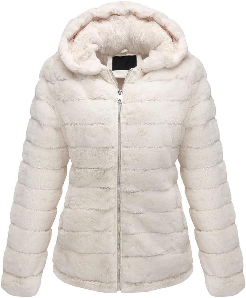 Bellivera Women's Faux Fur Coat Shearling Fluffy Fuzzy Shaggy Hood Sherpa-Lined Fleece Jacket