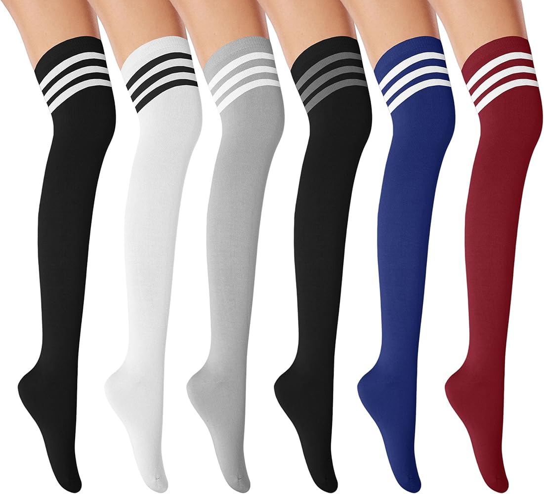 Winterlace 6 Pairs Thigh High Socks for Women, Long Stockings Referee Retro Style Over Knee