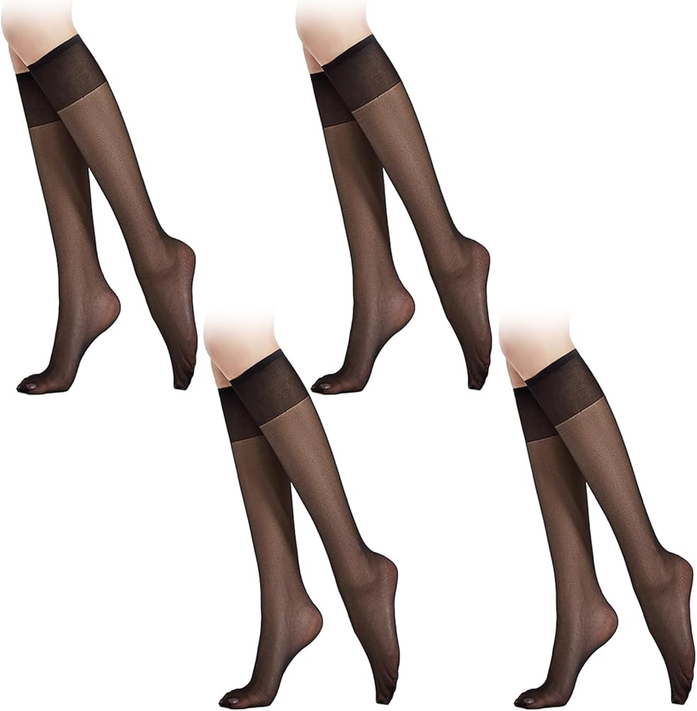 4 Pairs Sheer Knee High Stockings Black Knee Highs Socks with Energizing Support 20D Nylon Knee Highs for Women Smooth Silk Stockings Leggs Knee Highs Tights Socks Elastic Fine Knee Socks