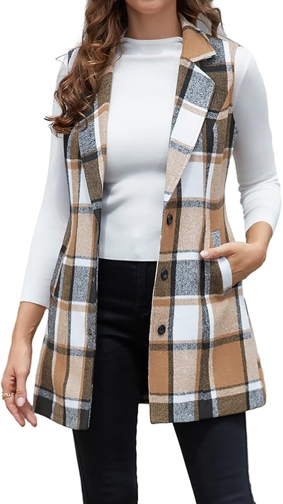 IDEALSANXUN Plaid Vest for Women Fall Winter Sleeveless Blazer Jackets