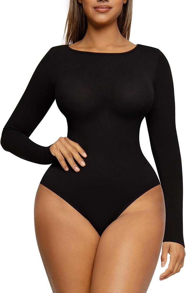 FeelinGirl Long Sleeve Bodysuit, Seamless Womens Top Off Shoulder