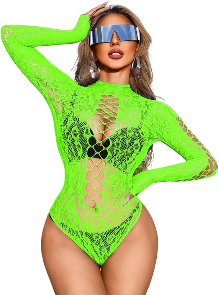 Women Rave Outfit Clubwear, Sexy Sheer Fishnet Bodysuit, Cutout Backless High Leg Top One Piece Cover Up