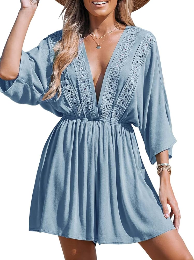 CUPSHE Women's Beach Cover Ups Deep V Neck Drop Sleeve Swimsuit Coverup Romper Floral Eyelet Beachwear