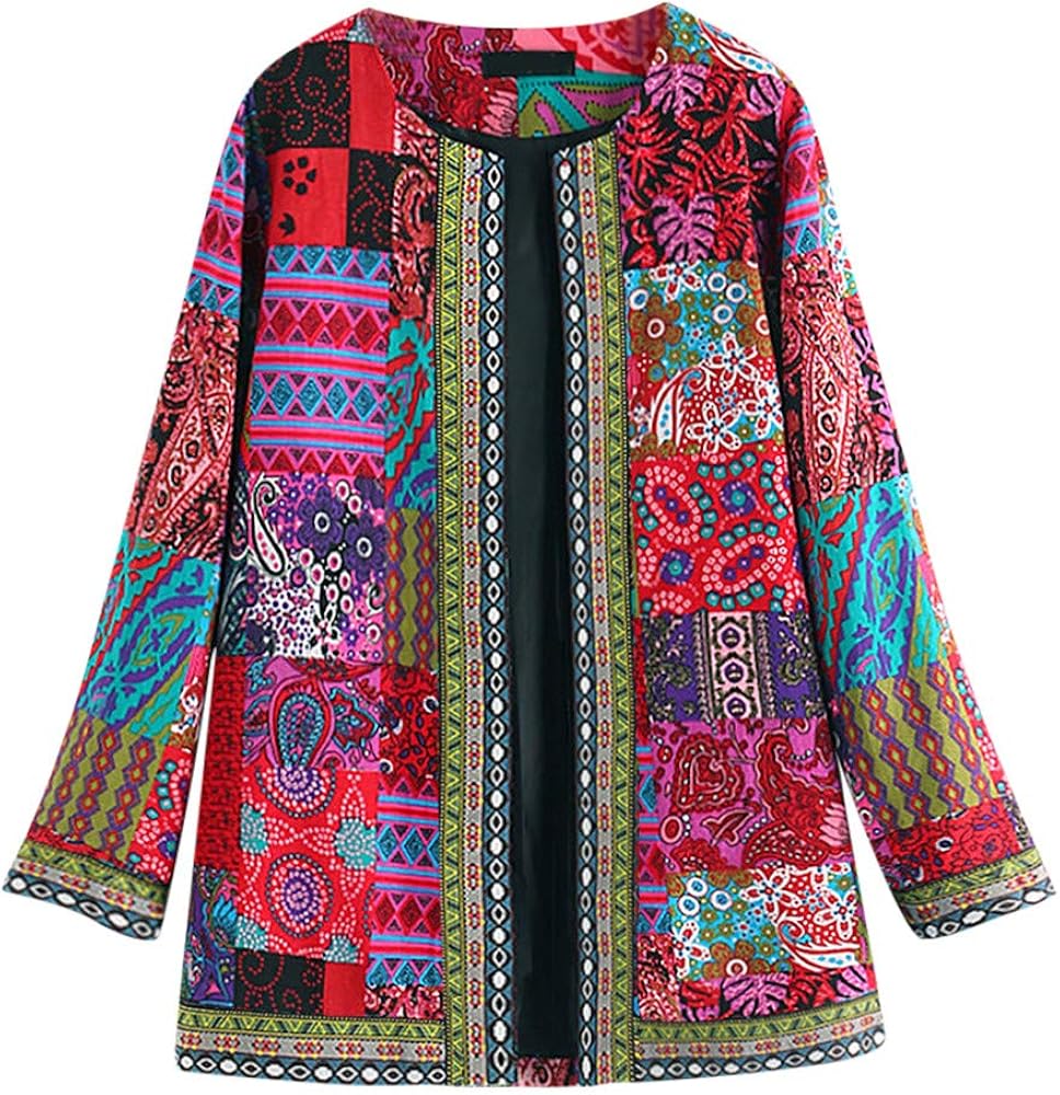 Womens Patchwork Jacket Women's Fall Fashion Jacket Vintage Ethnic Style Printed Cardigan Jacket Floral Quilted Jackets