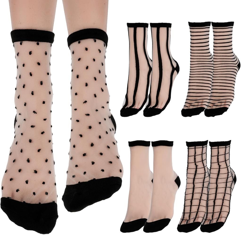 5 Pairs Sheer Socks Black See Through Socks Checkered Dot Striped Plaid Ankle Summer Socks for Women Thin Fashion