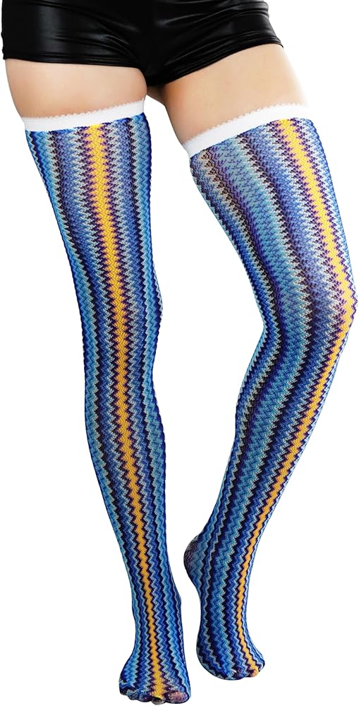 ToBeInStyle Women's Spandex Blue-Orange Mixed Zig Zag Design Thigh Hi Hosiery