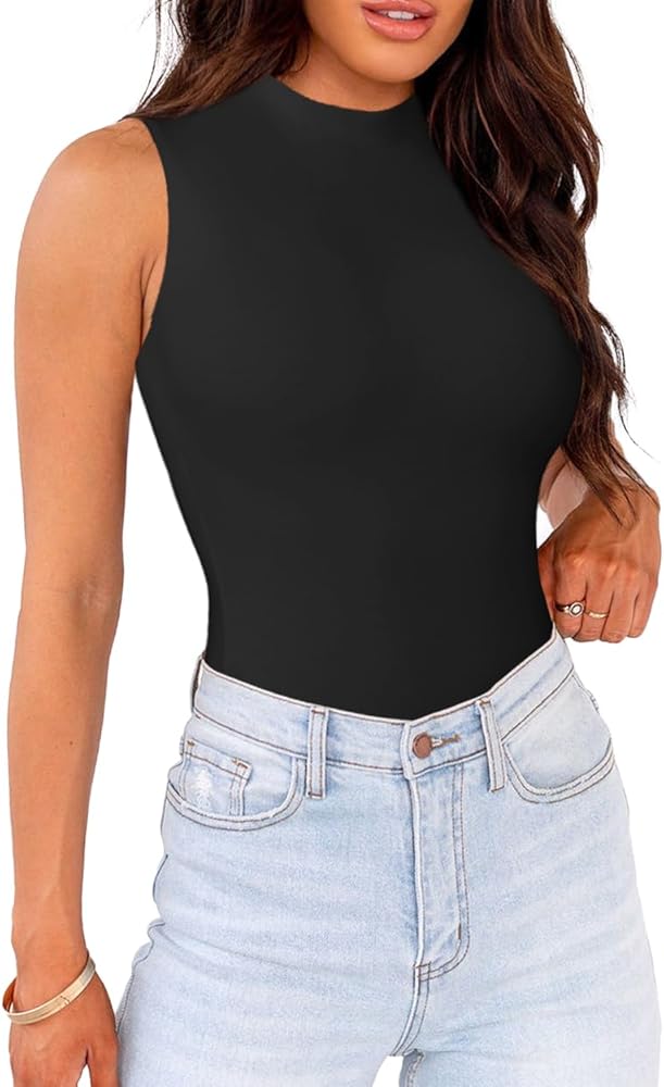 WAYMAKER Mock Neck Bodysuits for Women Sleeveless Basic Tank Top Body Suit Shirts