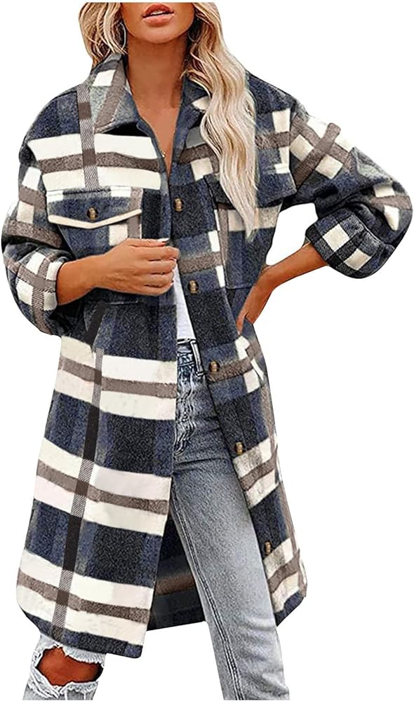 Flannel Shirts for Women Quilted Lined Shacket Jacket Fall Winter Tartan Trench Coat Tartan Long Jacket Coats