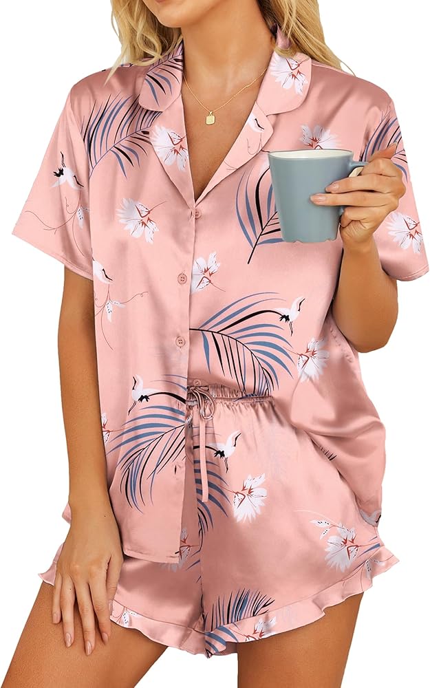 HOTOUCH Womens Satin Pajamas Set Button Down 2 Piece Silk Pjs Shorts Set Ruffle Lingerie Notch Collar Sleepwear