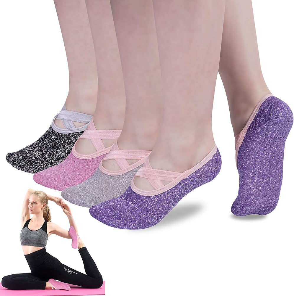 Non Slip Pilates Socks with Grips for Women, Grip Socks for Yoga Ballet Barefoot Workout Anti Skid Athletic Socks