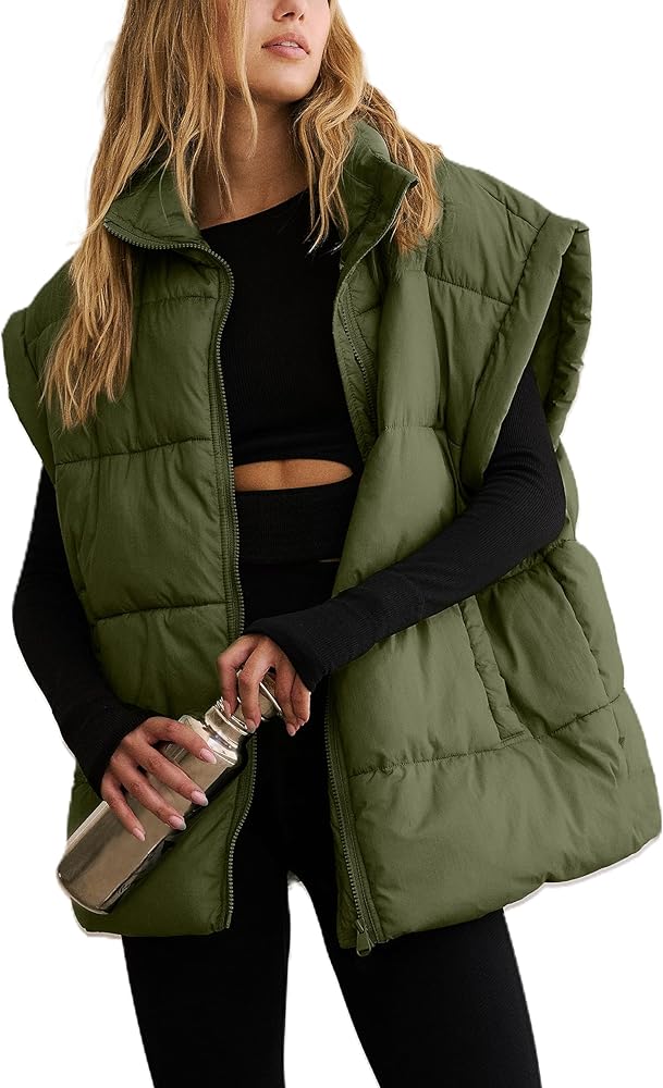 APAFES Women Winter Oversized Puffer Vest Lightweight Stand Collar Flysleeve Insulated Padded Puffy Jackets Coat with Pockets