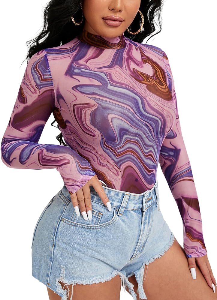 Floerns Women's Printed Long Sleeve Mock Neck T Shirt Mesh Bodysuit Tops Purple Ripples