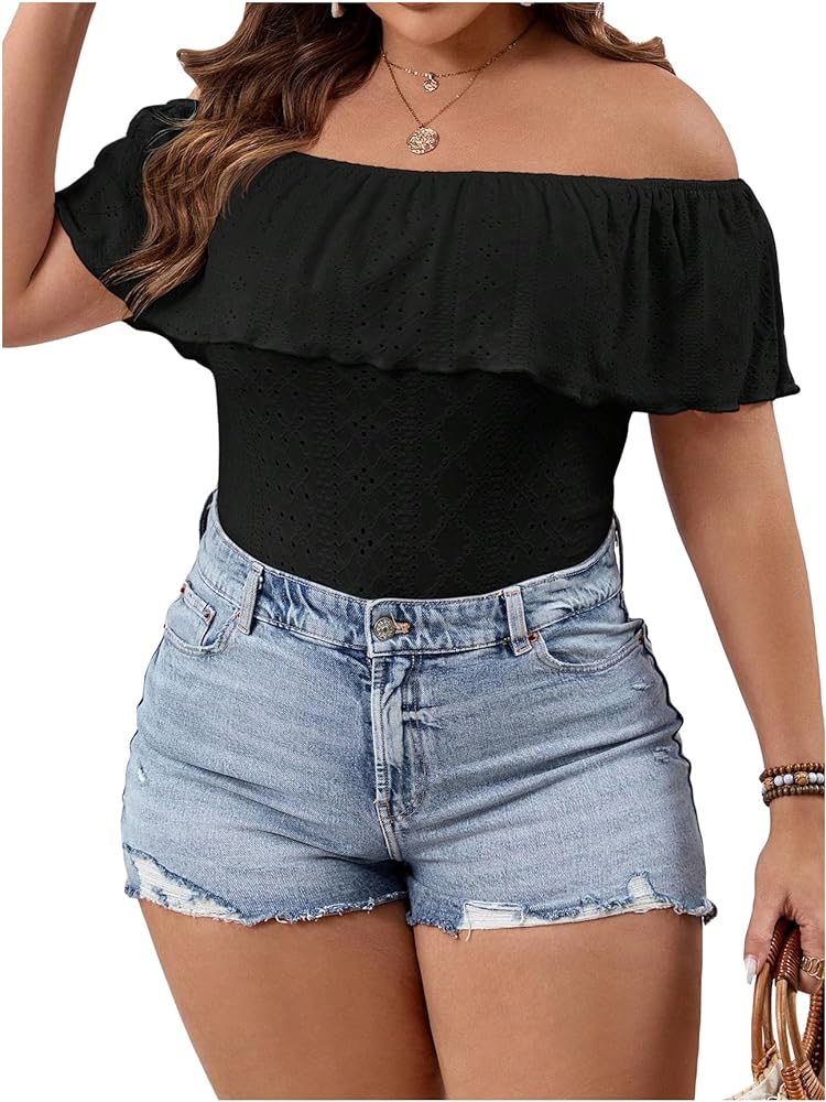 MakeMeChic Women's Plus Size Eyelet Embroidery Off Shoulder Short Sleeve Ruffle Trim Bodysuit Shirt Tops