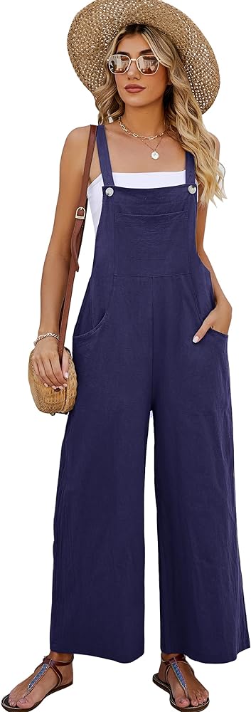 Flygo Women's Cotton Bib Overalls Loose Fit Wide Leg Jumpsuits Casual Rompers with Pockets(NavyBlue-S)