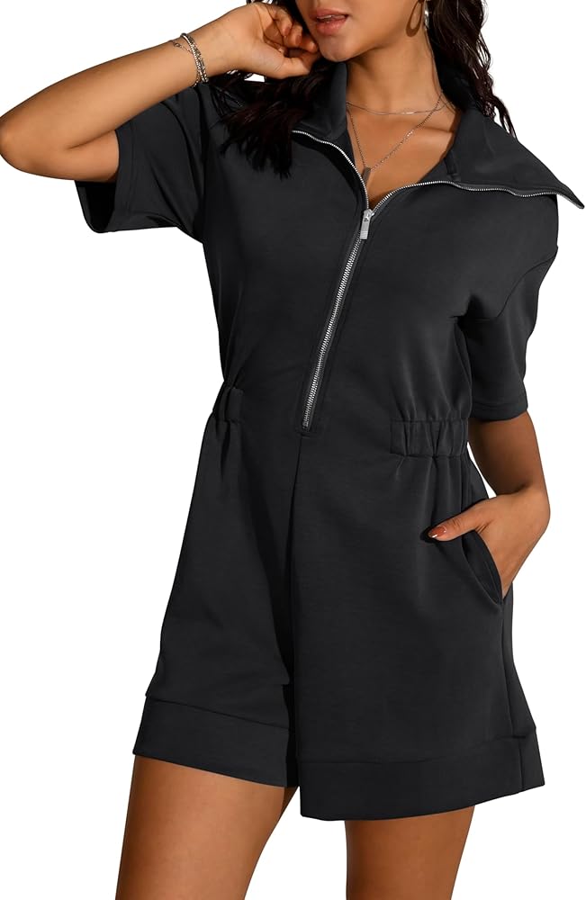 Womens Summer Short Sleeve Rompers Loose Half Zip One Piece Short Overalls Jumpsuit with Pockets