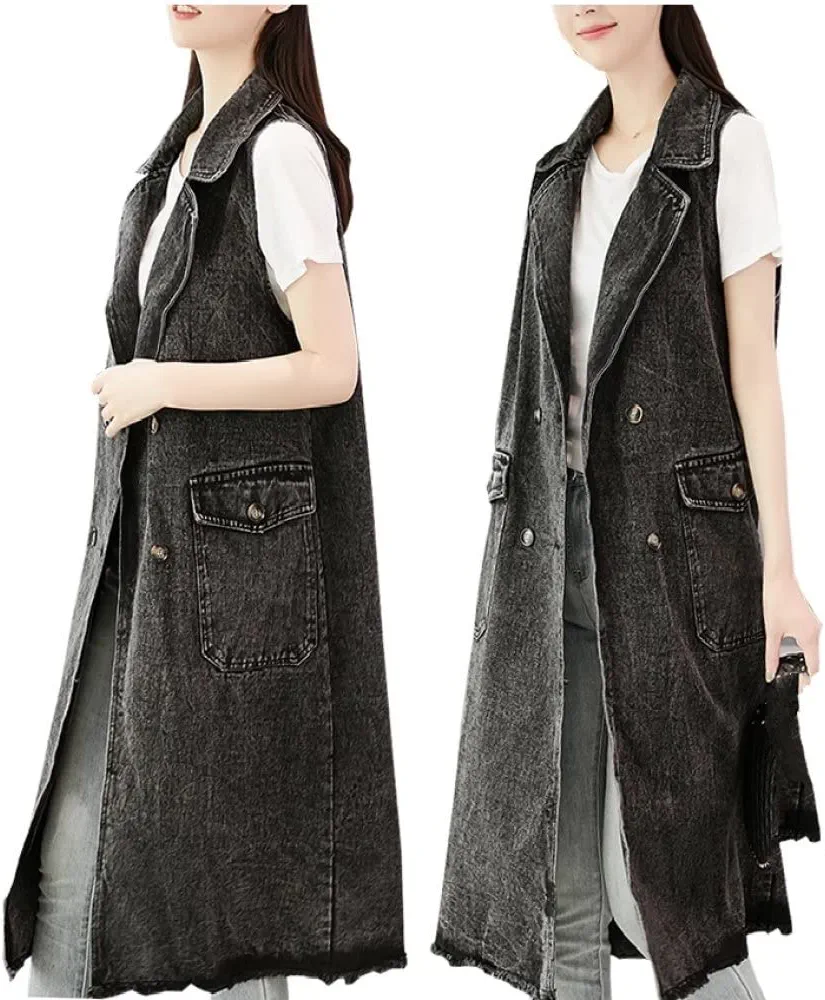 Ladies Denim Sleeveless Jacket - Solid Color Large Size Lapel Denim Vest,Classic Big Pocket Button C