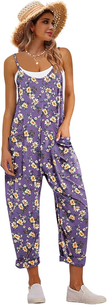 YESNO Women's Casual Floral Jumpsuits Spaghetti Straps Sleeveless Boho Summer Loose Harem Overalls Rompers with Pockets PZU