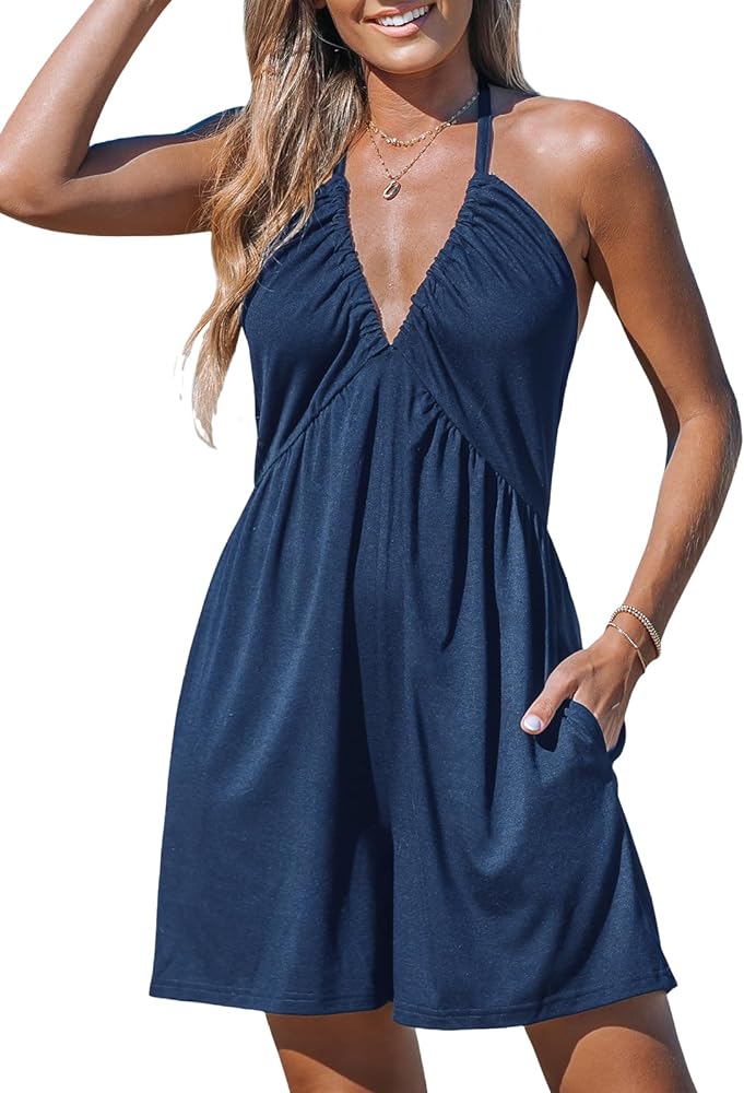 CUPSHE Women's Rompers V Neck Halterneck Jumpsuits Sleeveless Backless Overall Wide Leg Outfit Casual Beach