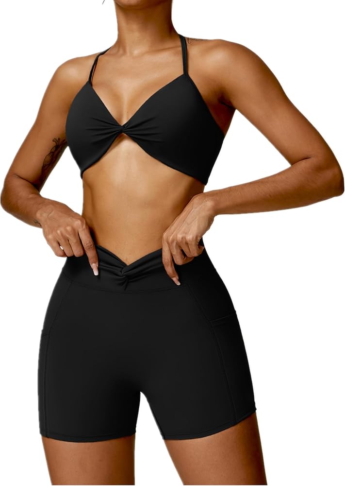 IWEMEK Womens Workout Sets 2 Piece Twist Waist High Waist Biker Shorts with Shorts Sports Bra Gym Outfit