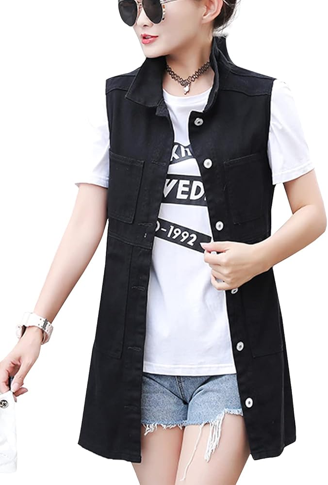 Flygo Womens Vintage Lapel Distressed Sleeveless Mid Long Denim Jean Vest Jacket (X-Small, Black)