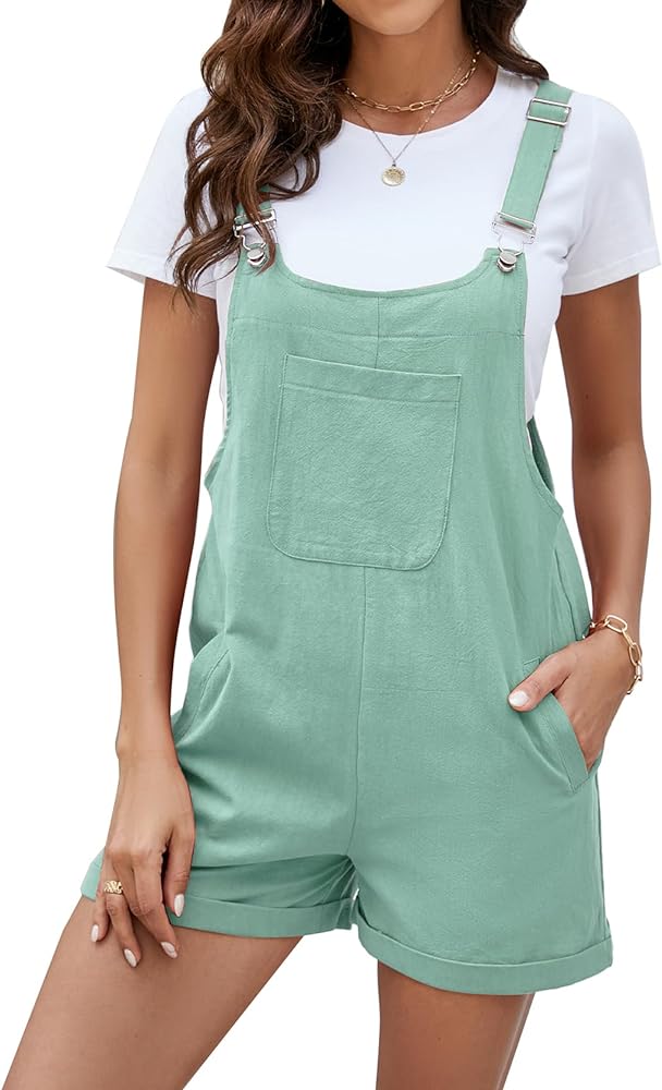 Womens Cotton Linen Short Overalls Casual Summer Jumpsuits Shortalls Rompers with Pockets Vacation