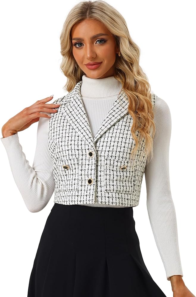 Allegra K Women's Sleeveless Tweed Jacket Notched Lapel SIngle Breasted Vintage Plaid Crop Vest