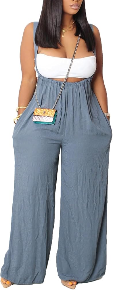 WOKANSE Women's 2 Pieces Summer Loose Sleeveless Wide Leg Jumpsuit Romper Overalls with Pockets and Tube Top