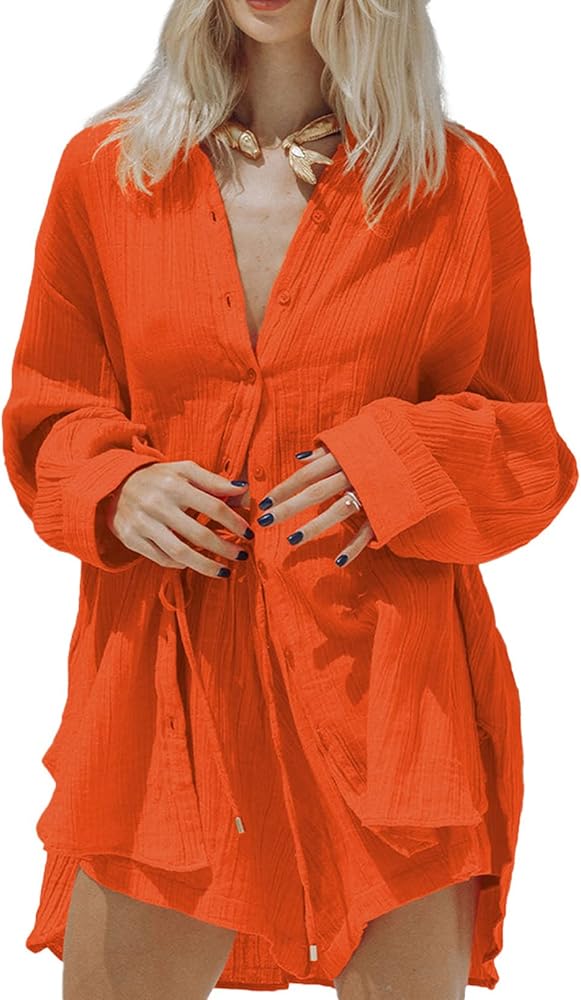 Linsery Women 2 Piece Outfits Long Sleeve Button Down Shirt and Shorts Lounge Sets Sweatsuit