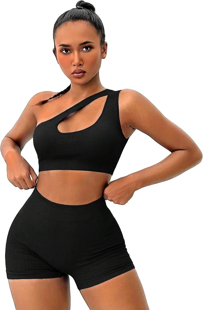 SHENHE Women's Seamless Workout Set One Shoulder Sport Tank High Waist Shorts Yoga Outfits