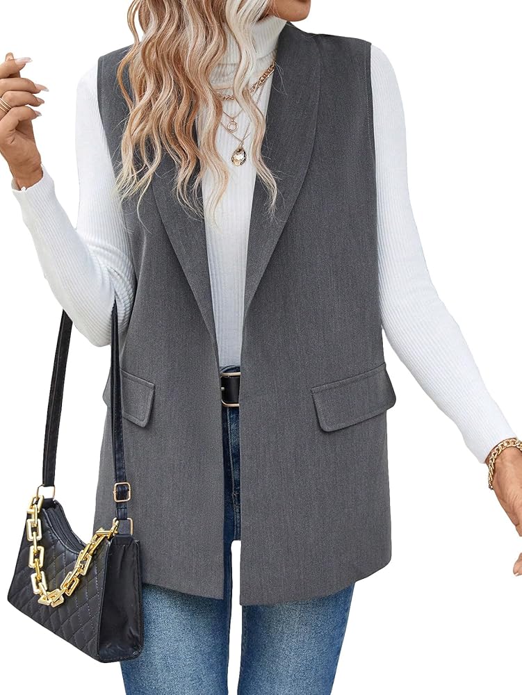 MakeMeChic Women's Shawl Collar Open Front Sleeveless Vest Blazer Work Office Suit Jackets Outerwear