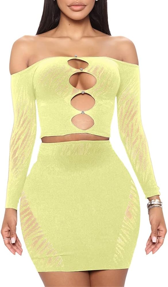 MOEENCN Sexy Two Piece Outfit Mesh Perspective Splice Hollow Out Off Shoulder Long Sleeve Skirt Sets Party Club Night