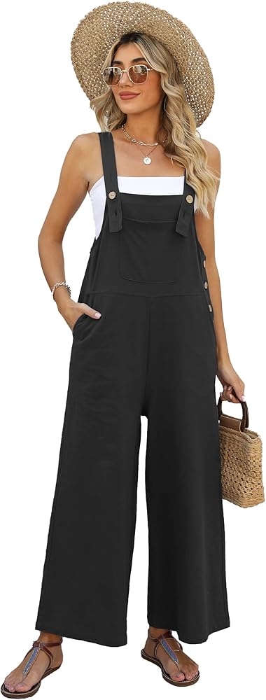 Kissonic Women's Baggy Comfy Overalls, Casual Cotton Loose Fit Wide Leg Jumpsuits with Adjustable Straps