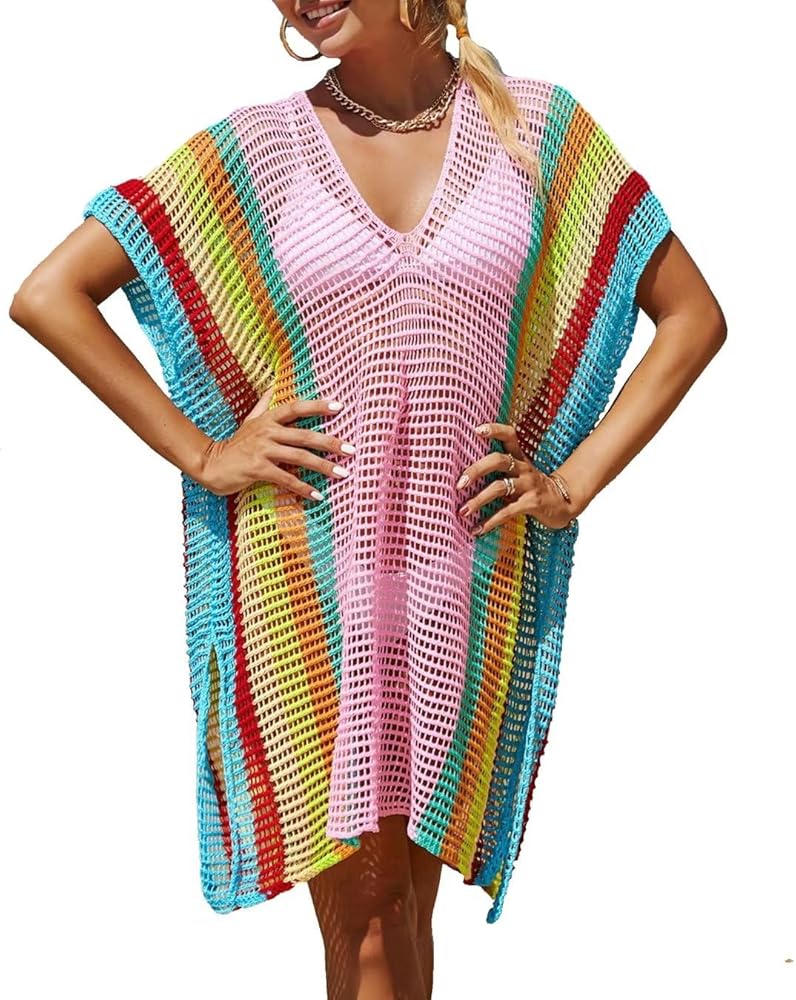 Rainbow Colorblock Crochet Bikini Cover up Knitted Stripe Dress Coverups for Women