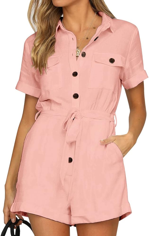 Vetinee Womens Summer Pockets Belted Romper Button Short Sleeve Jumpsuit Playsuit