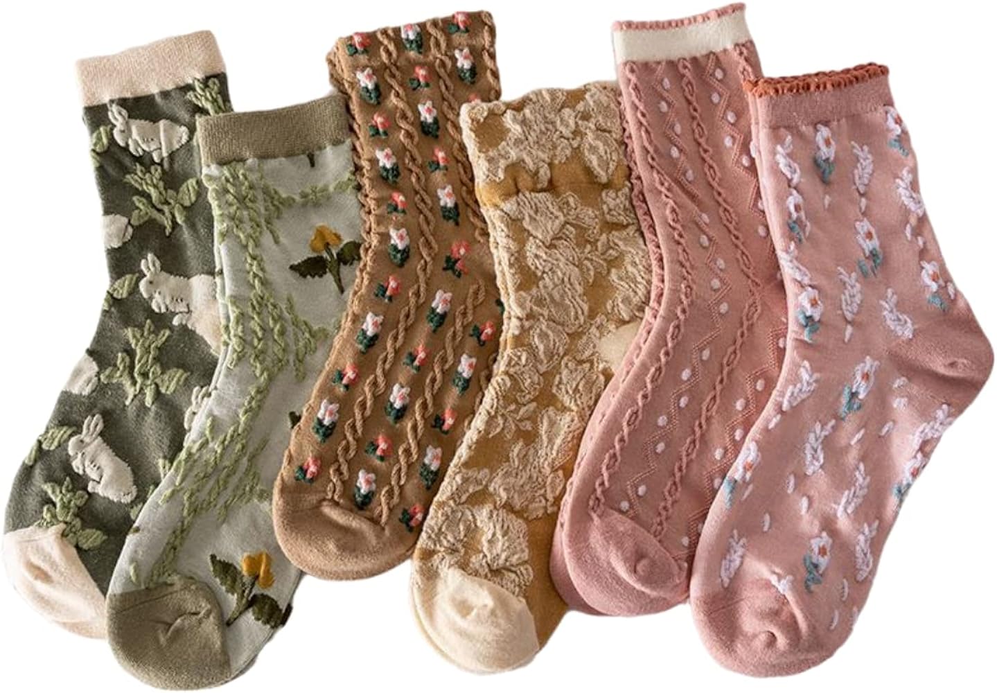 MeganJDesigns 6 Pairs Cute Socks Floral Knit Breathable Socks Flower Crew Socks Ankle Cotton Socks Set for Women Girl Gifts