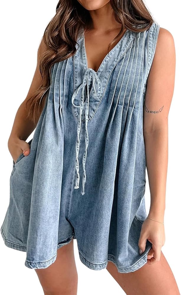 utcoco Womens Summer Casual Sleeveless Denim Romper Tie Front V Neck Jean Overall Shorts Romper With Pockets