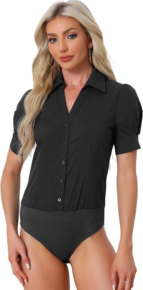 Allegra K Women's Button Down Leotard Shirt Short Sleeve Collared Business Work Bodysuit Tops