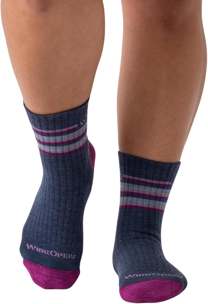 Wide Open Micro Crew Women's Socks - Merino Wool Socks for Women, Multi Stripe Everyday Wide Socks, Ankle Socks for Wide Feet