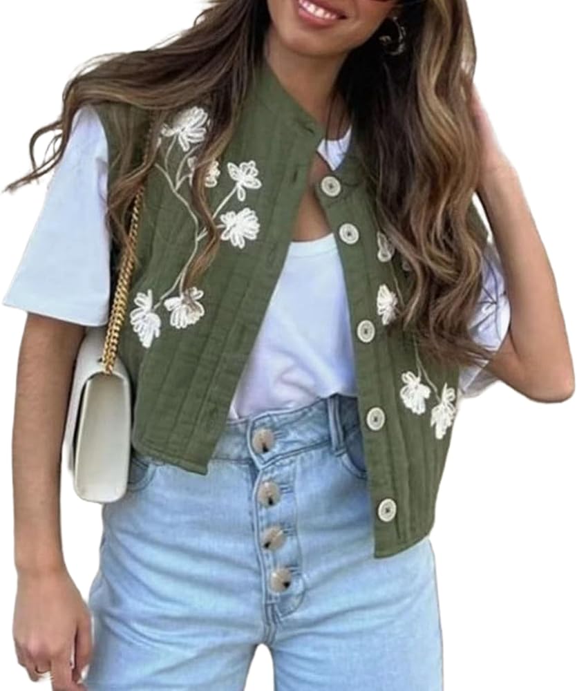 Women Floral Printed Quilted Vest Sleeveless Open Front Button Crop Jacket Y2k Puffer Cardigan Coat Vintage