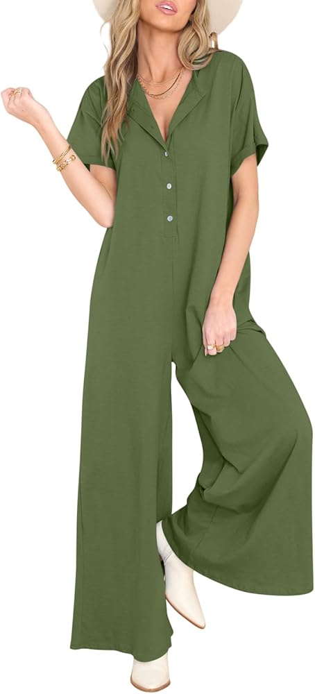 DEEP SELF Women's Casual Loose Overall Jumpsuits Front Button Short Sleeve Wide Leg Long Pants Overalls Jumpers