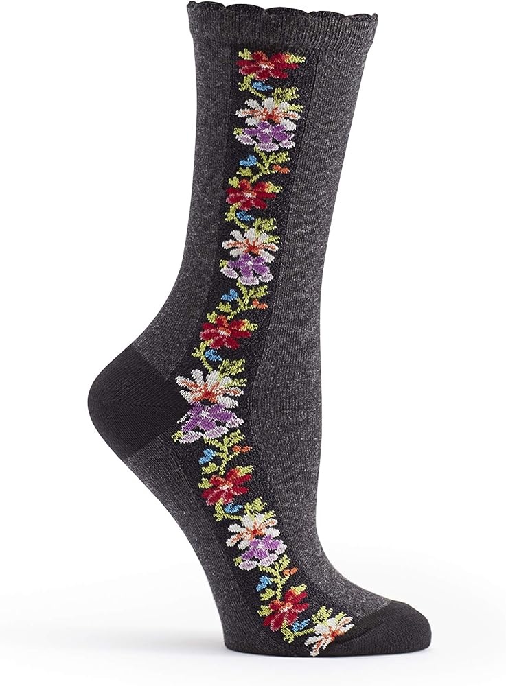 Ozone Women's Socks - Nordic Stripe Flower Crew Socks with Elastic Scalloped Cuff, Cotton-Nylon Blend Sock, Women's Sock Size 9-11 (Charcoal)